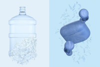 De Sony LinkBuds S Oceaan Blauw bevatten deels plastic dat is hergebruikt uit grote plastic waterflessen.