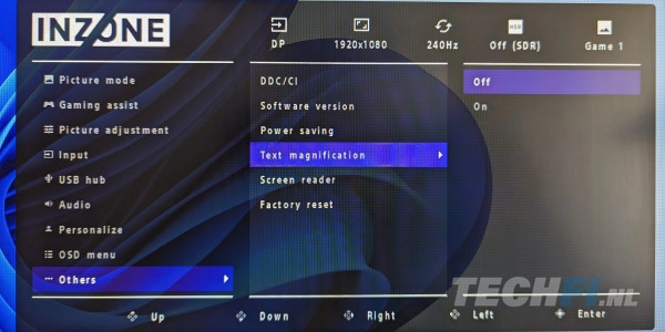 Sony Inzone M3 menu