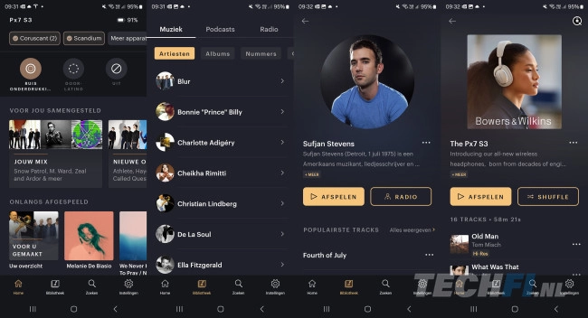 Samengestelde screenshot van de Bowers & Wilkins Music-app