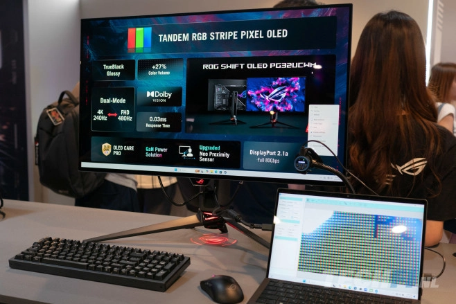 De ROG Swift OLED PG32UCWM (boven) en PG27UCWM zijn voorzien van OLED-panelen met rechte RGB-subpixels, zonder witte subpixel. Ook al zijn ze afkomstig van LG Display, gaat het hier dus technisch gezien&nbsp; niet om WOLED-panelen.