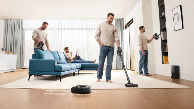 De Eufy E20 transformeert van een robotstofzuiger naar een draadloze steelstofzuiger of een kruimeldief - en weer terug.&nbsp;