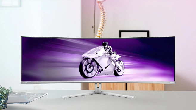 De Evnia 49M2C8900 is een superbrede, gebogen oled gaming monitor met Ambiglow, de monitor-versie van Ambilight.