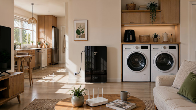 De Samduo Nex E6000 is een thuisbatterij waarmee je kan thuiskomen. Met een Red Dot design award moet hij niet uit de toon vallen in je interieur.