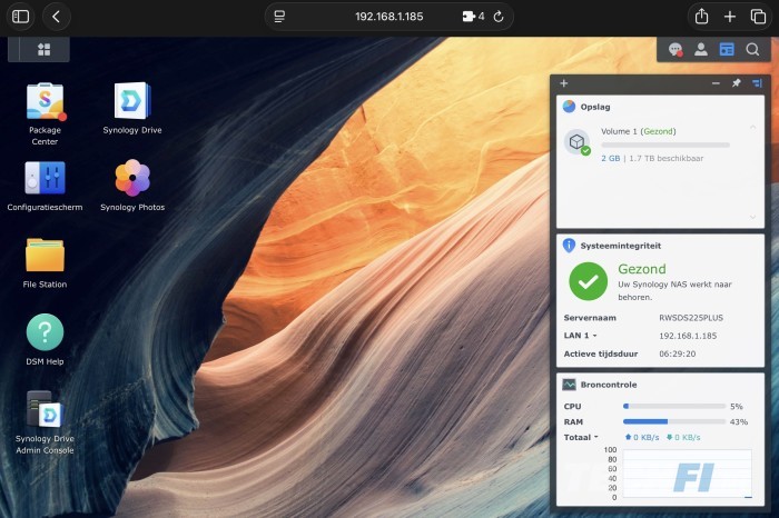 Synology DSM 7.3 desktop op de Synology DS225+