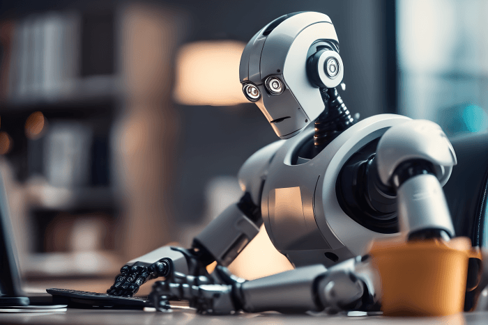 Een robot achter een desktop PC.