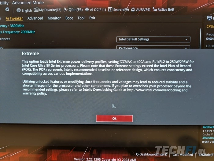 Waarschuwing bij het activeren van een overklokprofiel op de Intel Core Ultra 9 285K