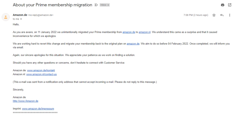 Amazon.de Prime mail over terugzetting account